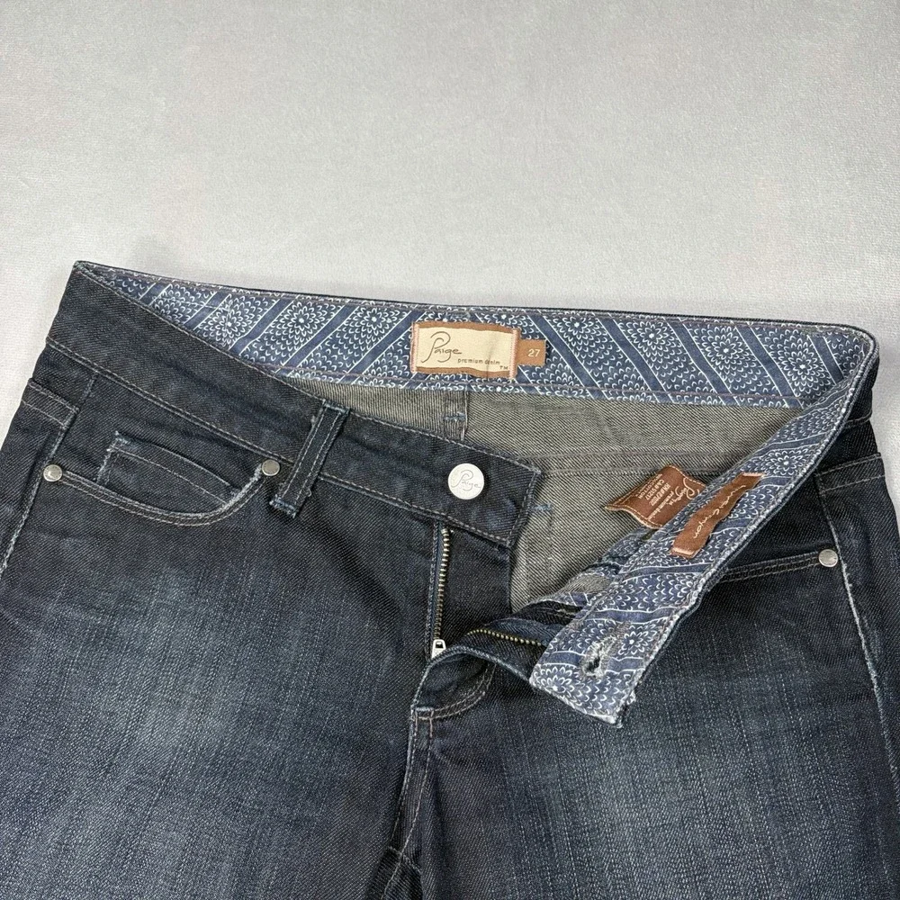 Paige Laurel Canyon Bootcut Jeans Women Size 27 Dark Blue Distressed+Stretch